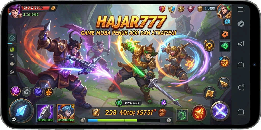 Screenshot gameplay HAJAR777 menampilkan pertarungan seru di arena MOBA.