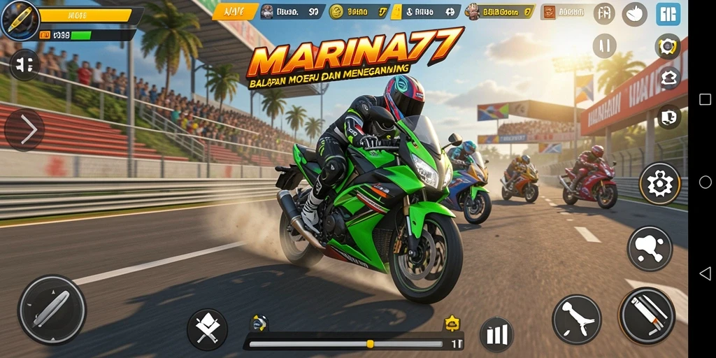 Screenshot gameplay seru MARINA77 dengan motor balapan.