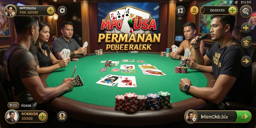 Screenshot gameplay MPONUSA menunjukkan aksi Poker yang mendebarkan.