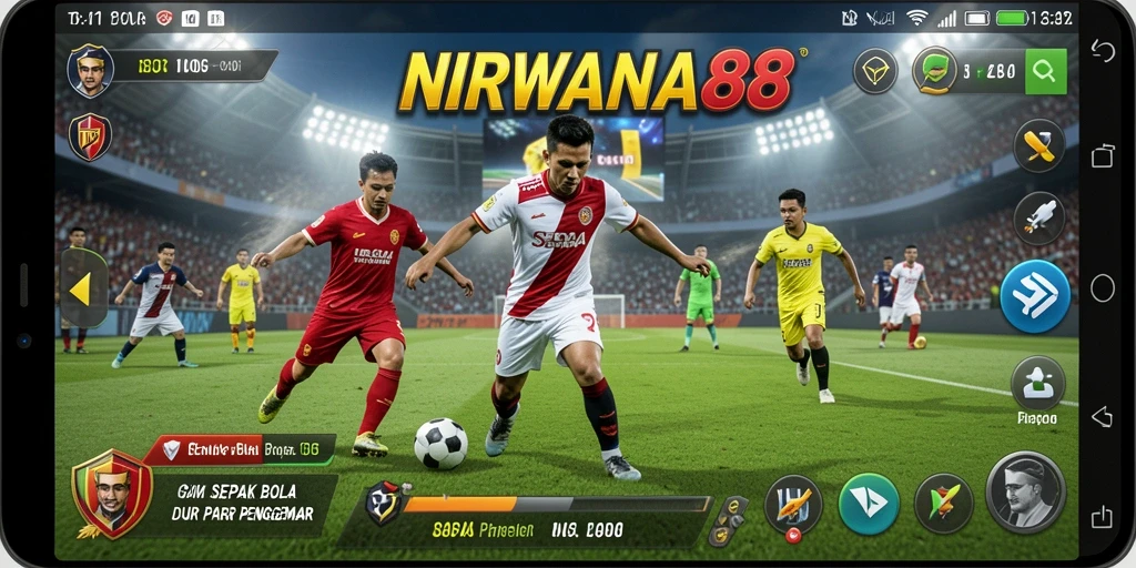 Screenshot utama NIRWANA88 menampilkan aksi pertandingan sepak bola yang seru.