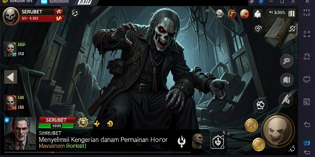 Tampilan gameplay SERUBET menampilkan suasana horor yang mencekam dan penuh ketegangan.