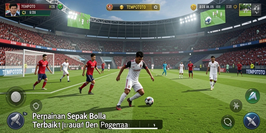 Tampilan gameplay seru di lapangan sepak bola dengan pemain yang dinamis.