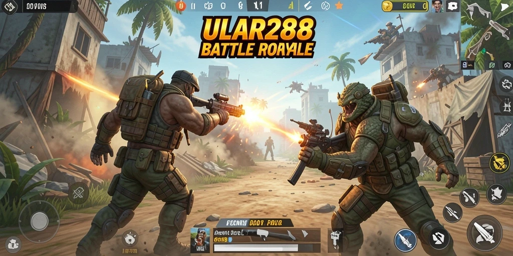 Screenshot gameplay ULAR288 menampilkan pertempuran sengit di arena Battle Royale.